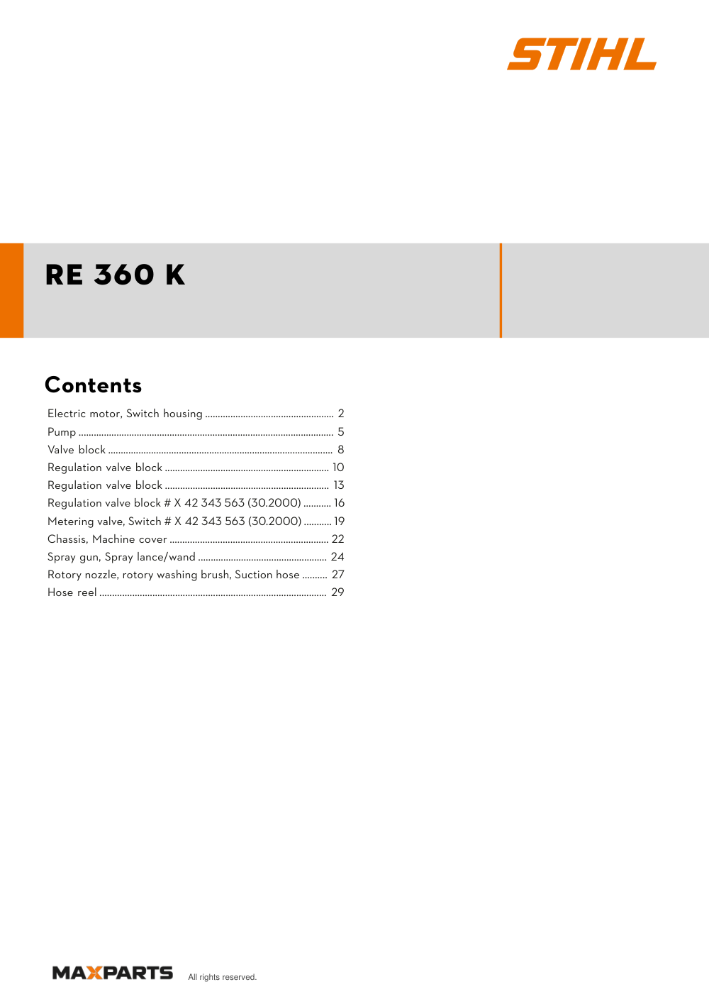Cover of the STIHL RE 360 K illustrated parts catalogue PDF, showing the model name and contents.