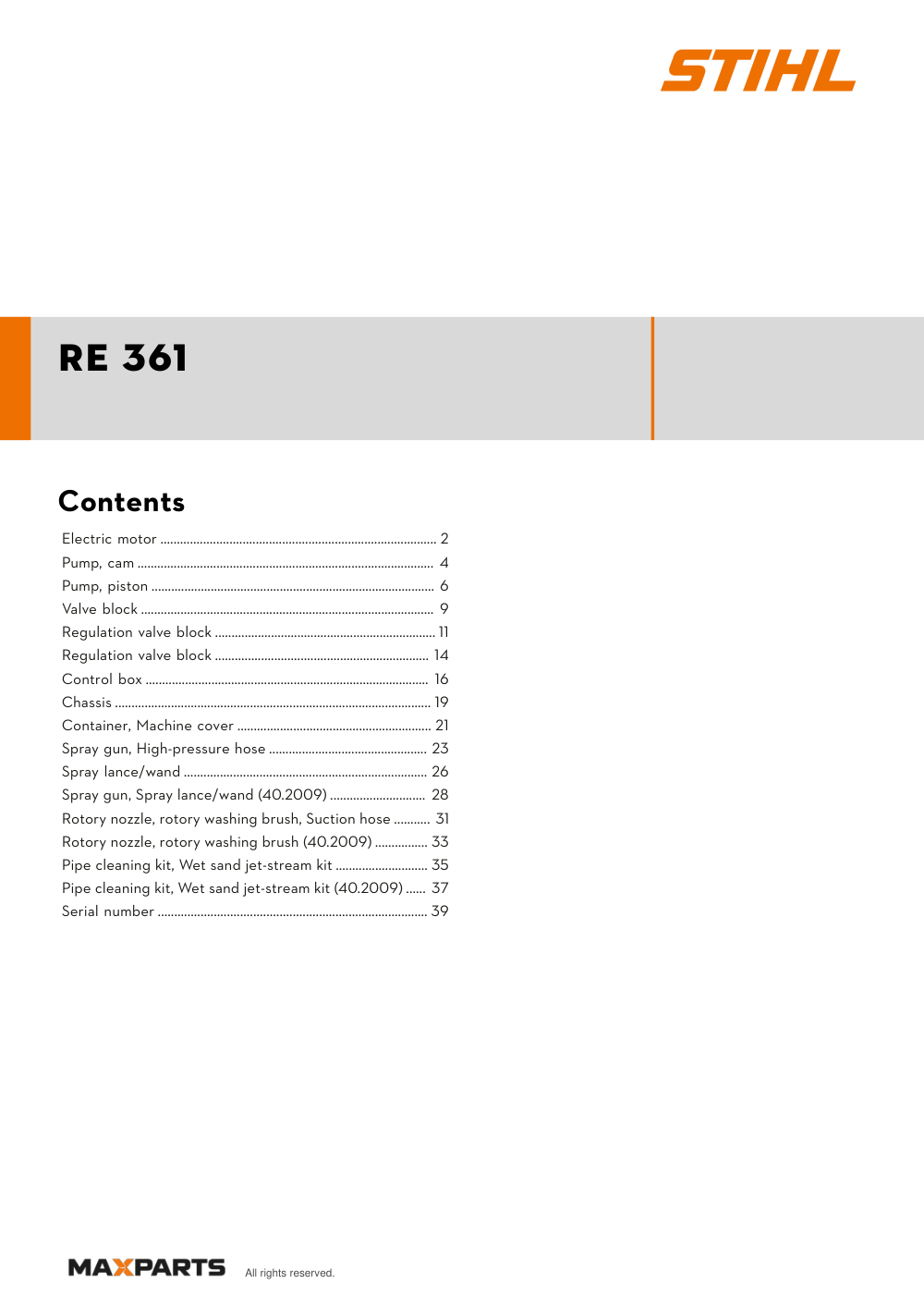 Cover of the STIHL RE 361 illustrated parts catalogue PDF, showing the model name and contents.