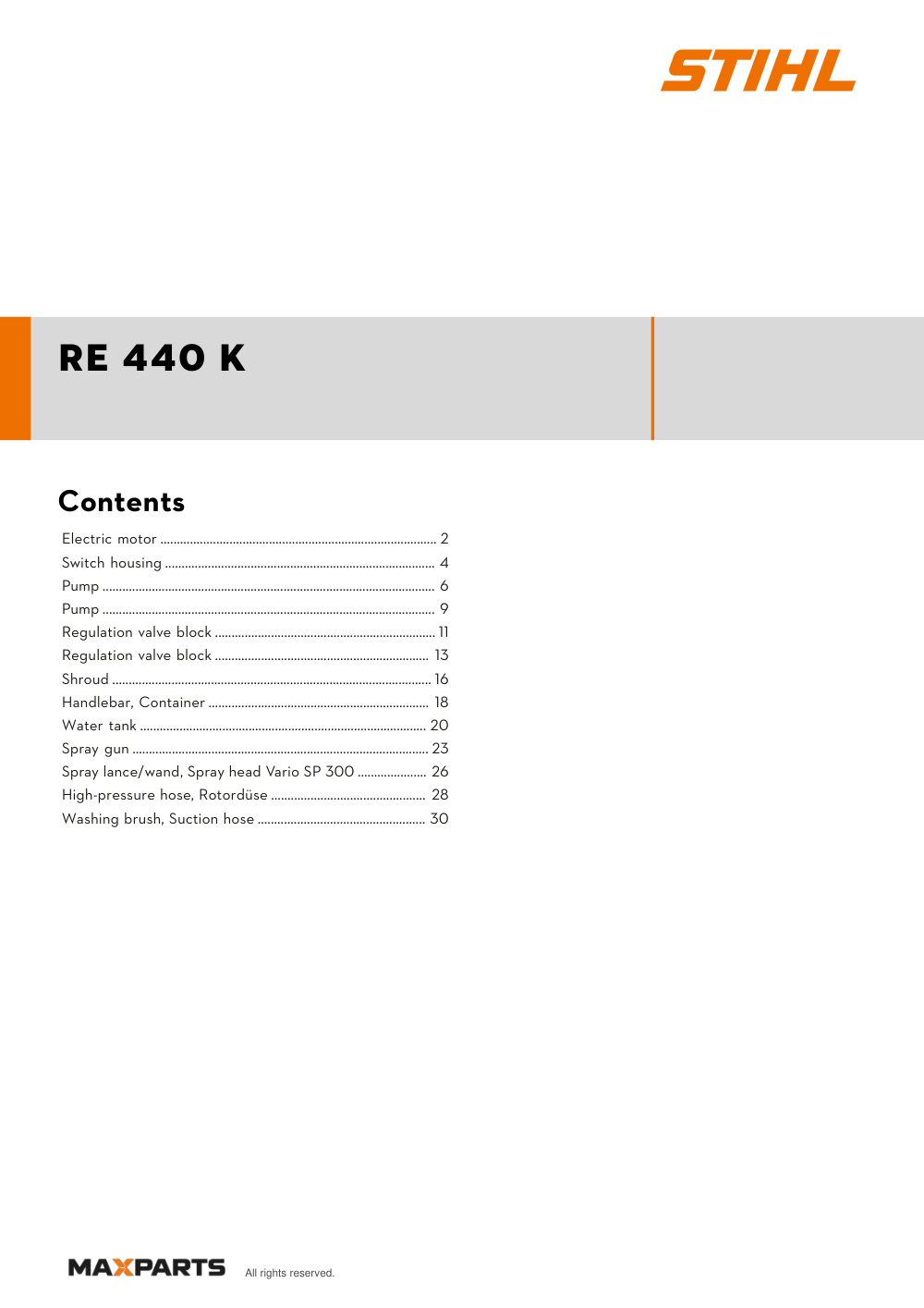 Cover of the STIHL RE 440 K (ID 47220114550) illustrated parts catalogue PDF, showing the model name and contents.