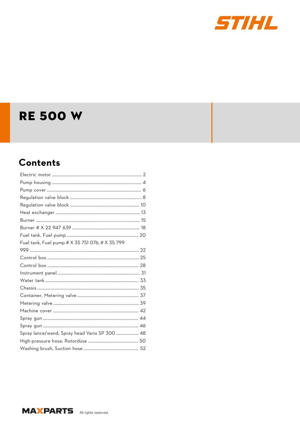 Cover of the STIHL RE 500 W (ID 47240114512) illustrated parts catalogue PDF, showing the model name and contents.