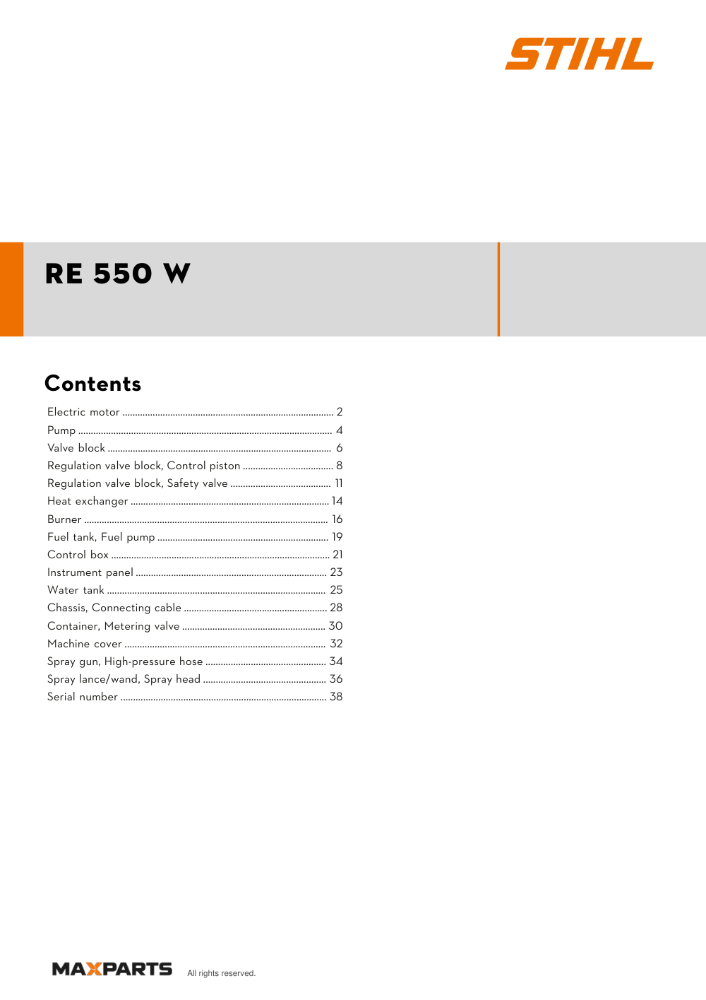 Cover of the STIHL RE 550 W illustrated parts catalogue PDF, showing the model name and contents.
