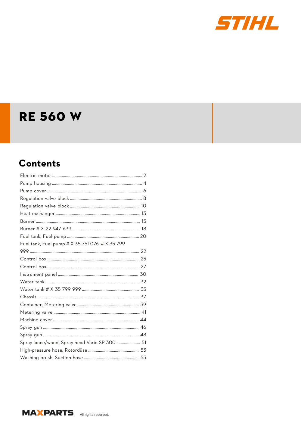 Cover of the STIHL RE 560 W (ID 47240114570) illustrated parts catalogue PDF, showing the model name and contents.