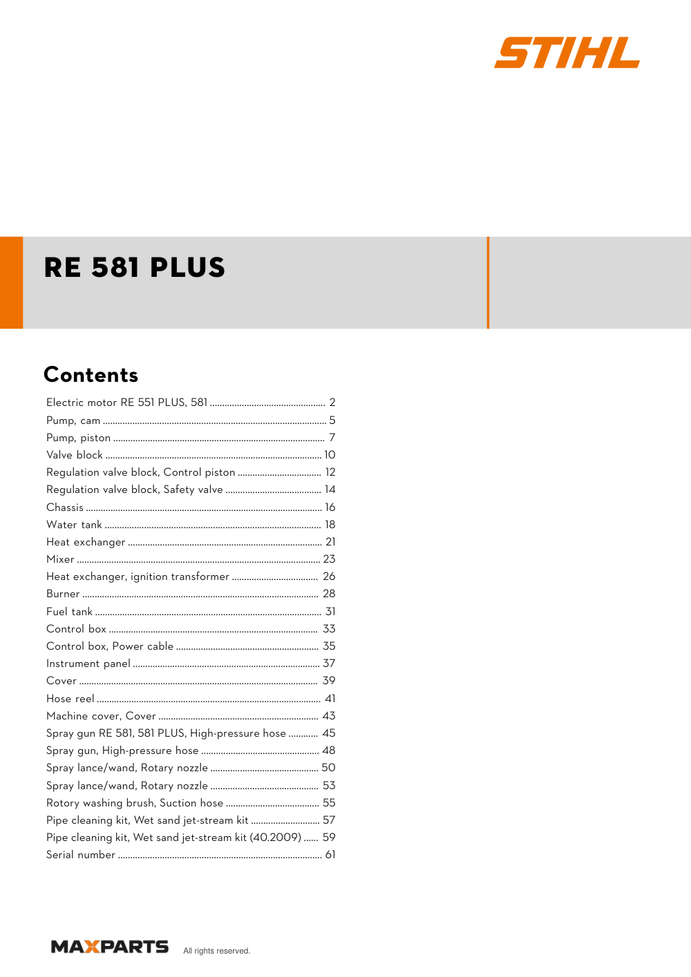 Cover of the STIHL RE 581 PLUS illustrated parts catalogue PDF, showing the model name and contents.