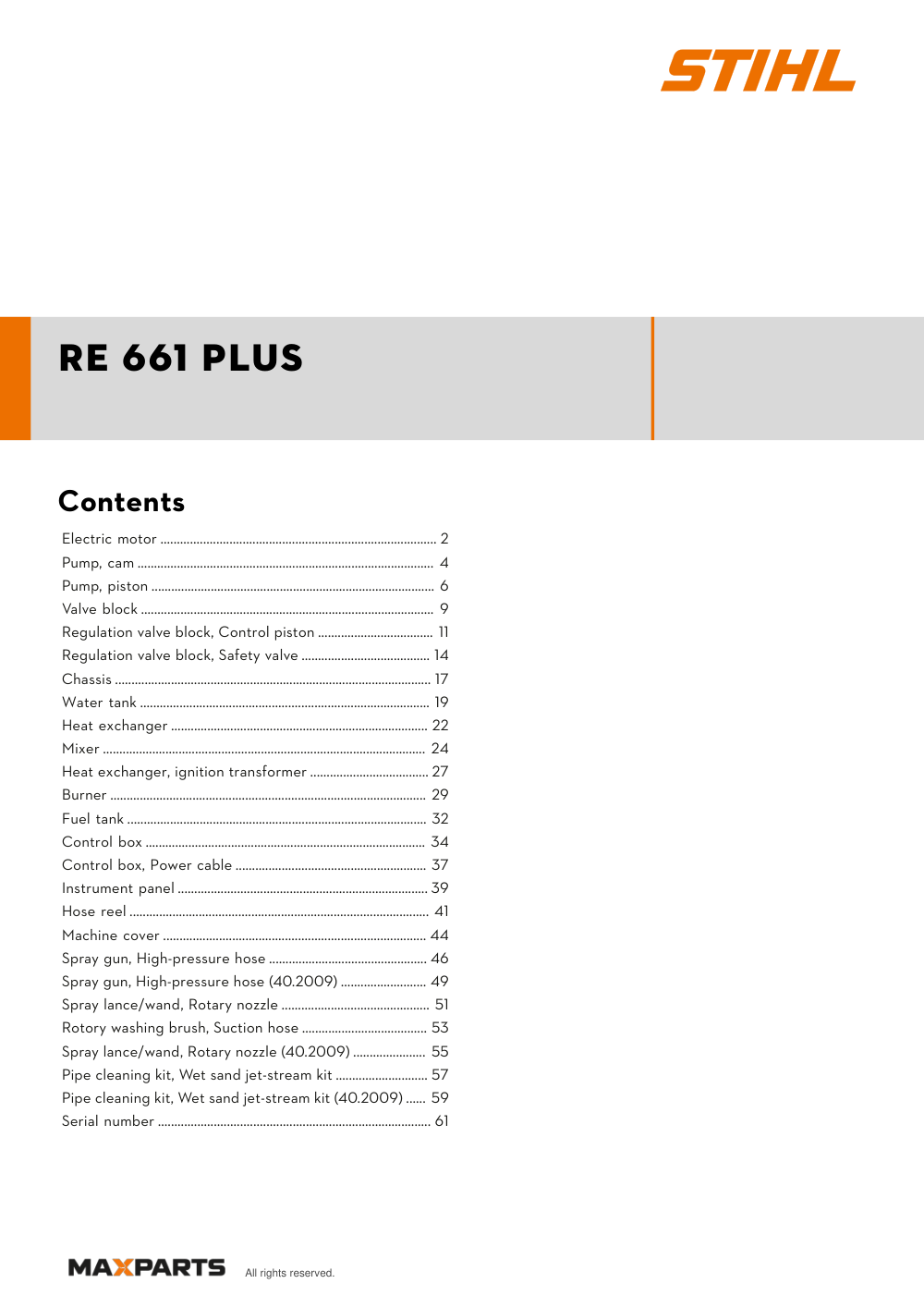 Cover of the STIHL RE 661 PLUS illustrated parts catalogue PDF, showing the model name and contents.