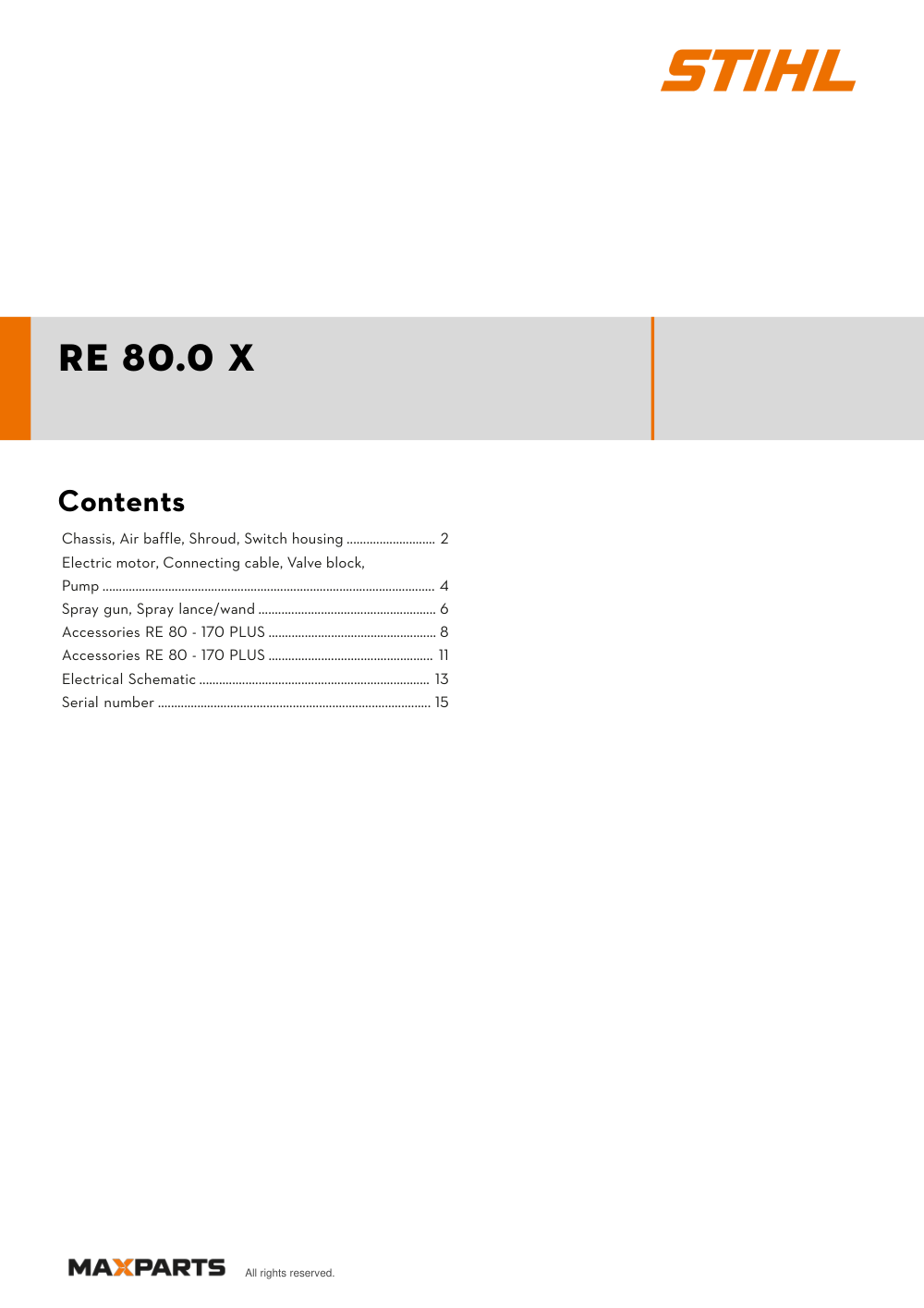Cover of the STIHL RE 80.0 X illustrated parts catalogue PDF, showing the model name and contents.