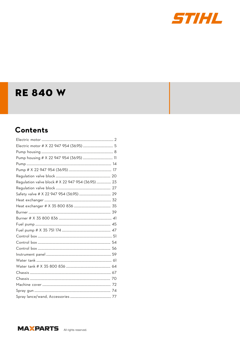 Cover of the STIHL RE 840 W (ID 47070114520) illustrated parts catalogue PDF, showing the model name and contents.