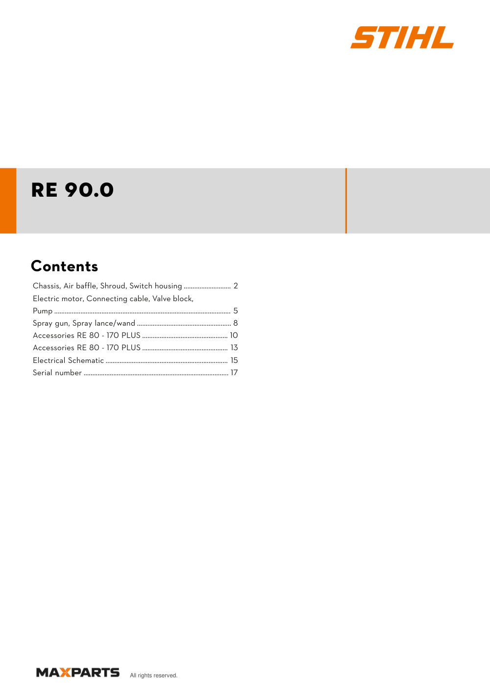 Cover of the STIHL RE 90.0 illustrated parts catalogue PDF, showing the model name and contents.