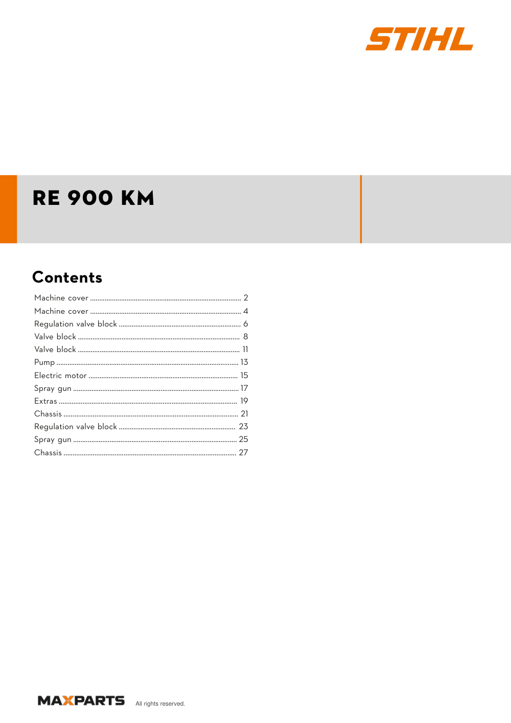 Cover of the STIHL RE 900 KM illustrated parts catalogue PDF, showing the model name and contents.
