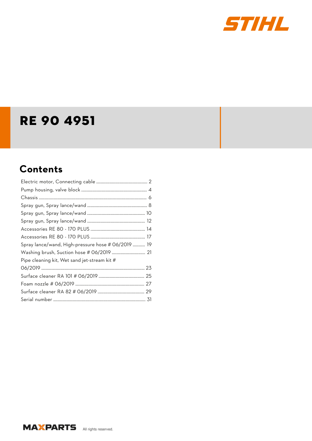 Cover of the STIHL RE 90 illustrated parts catalogue PDF, showing the model name and contents.