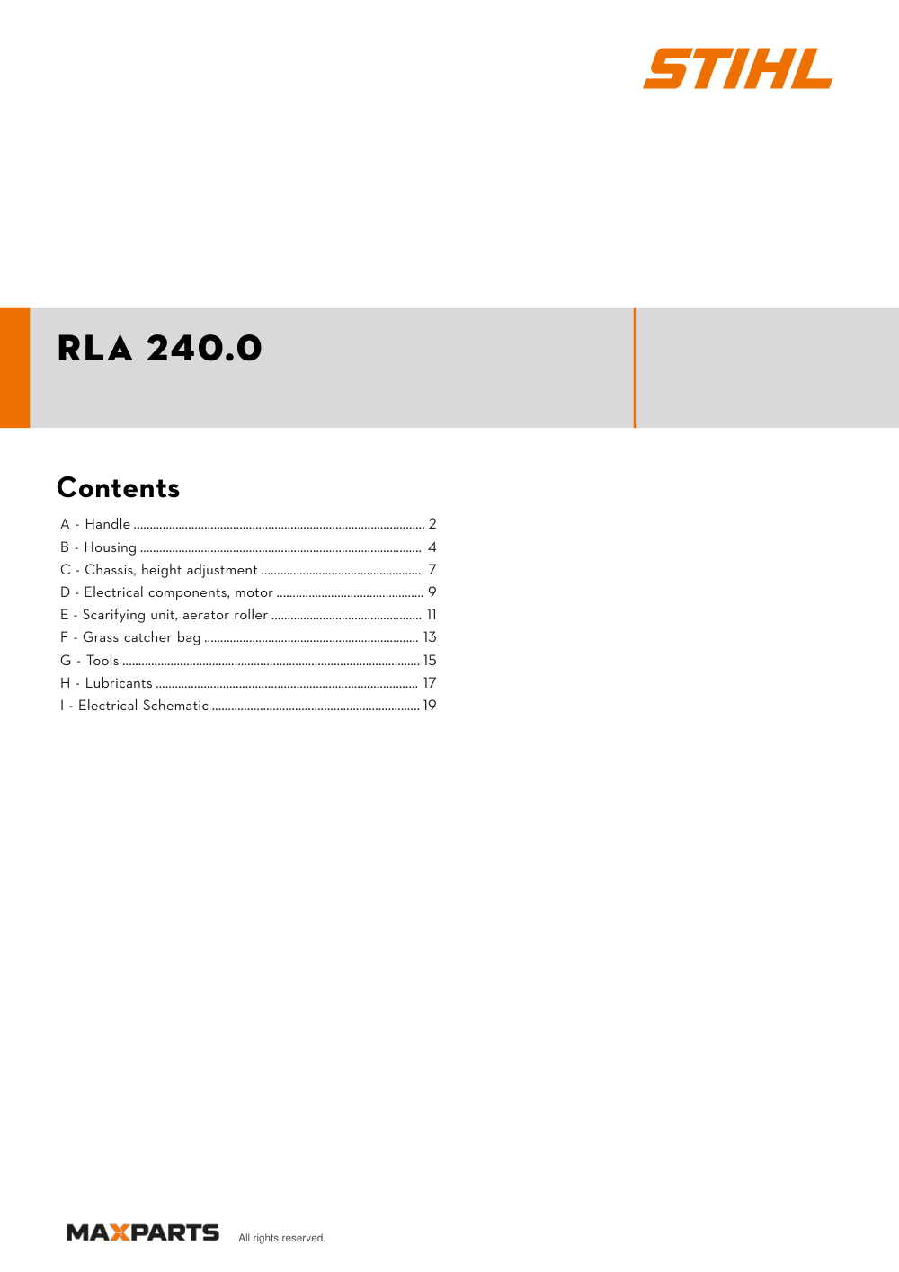 Cover of the STIHL RLA 240.0 illustrated parts catalogue PDF, showing the model name and contents.
