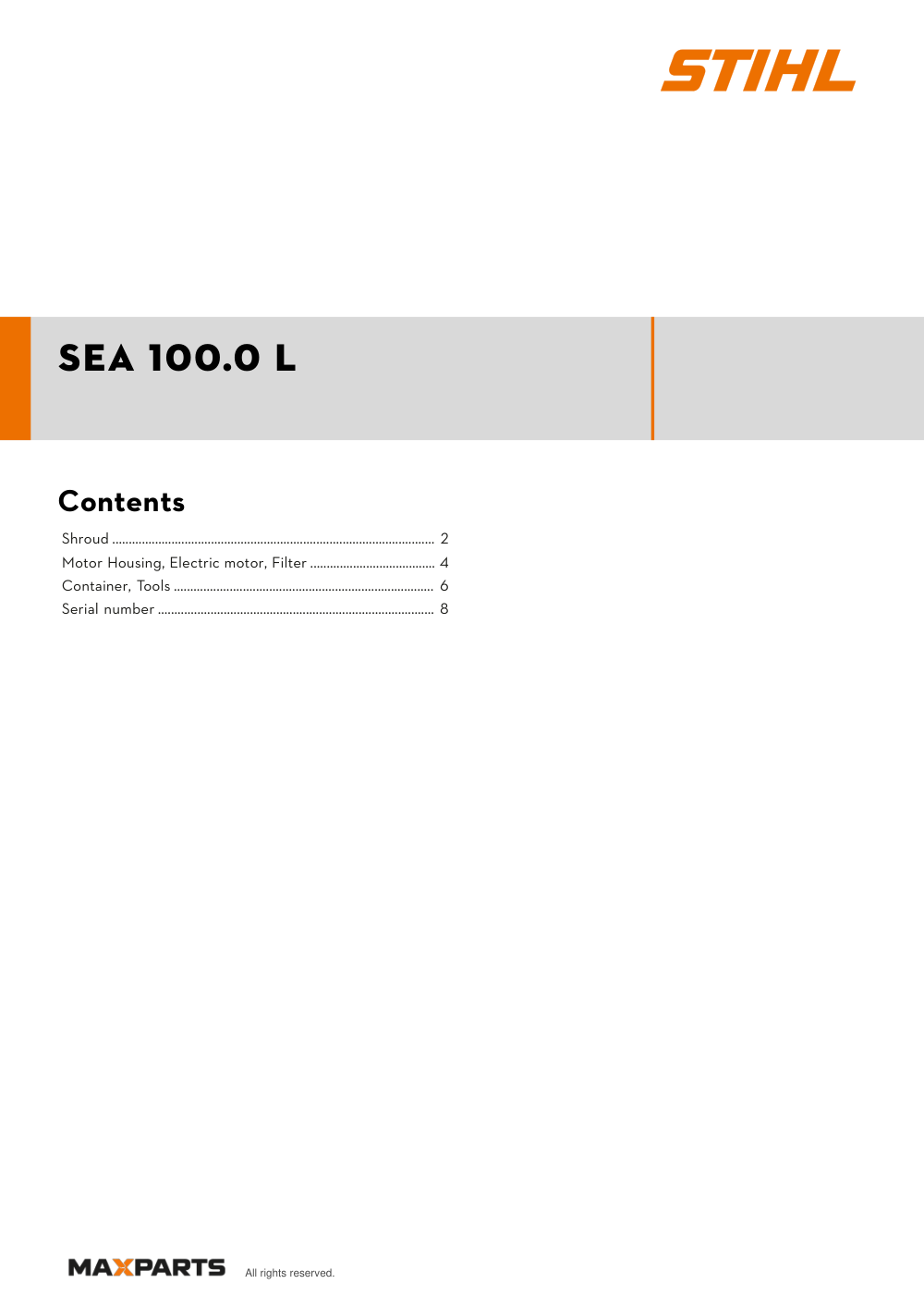 Cover of the STIHL SEA 100.0 L illustrated parts catalogue PDF, showing the model name and contents.