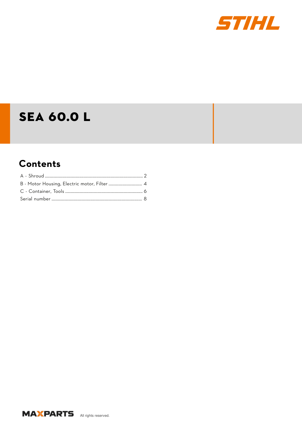 Cover of the STIHL SEA 60.0 L illustrated parts catalogue PDF, showing the model name and contents.