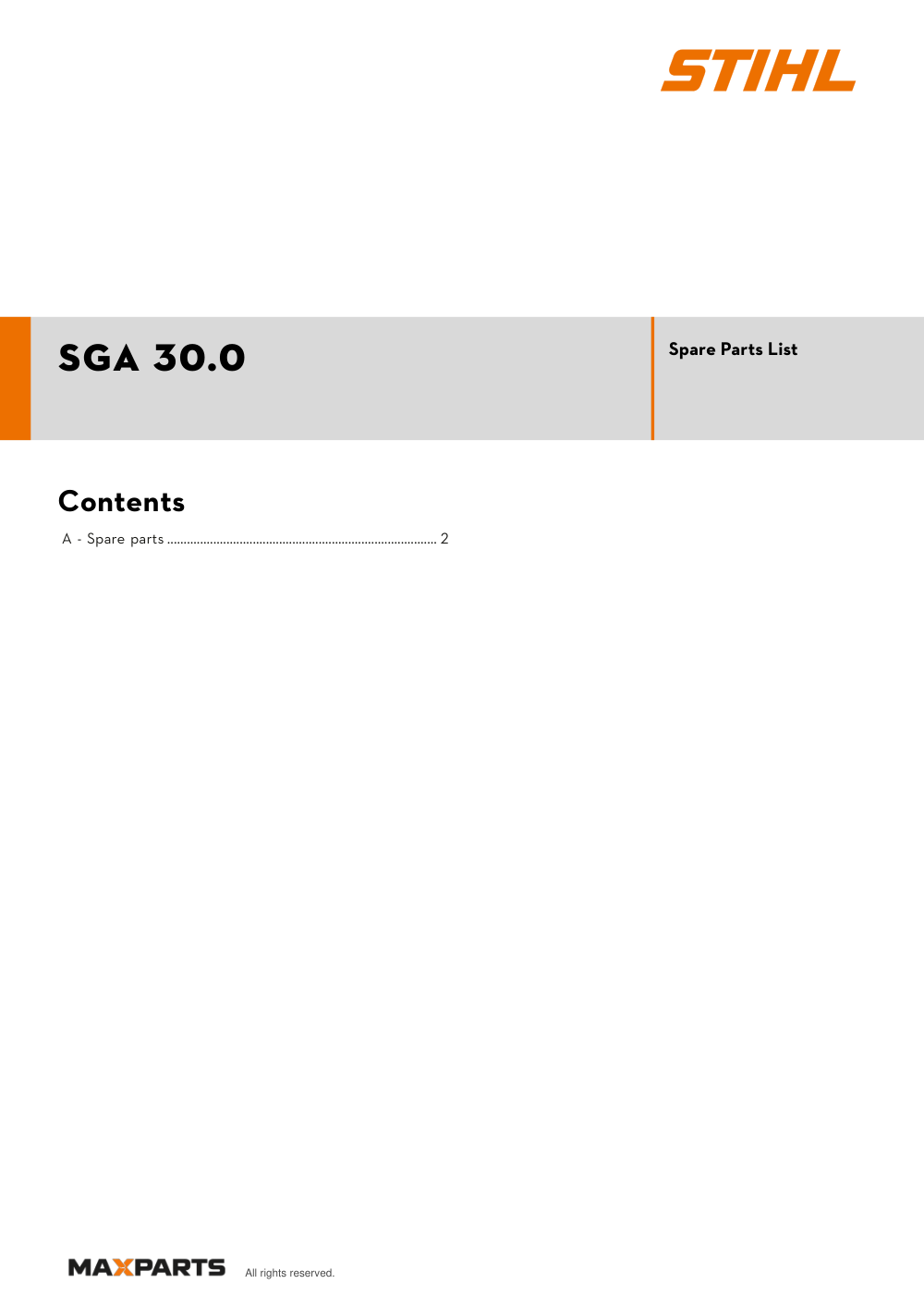 Cover of the STIHL SGA 30.0 illustrated parts catalogue PDF, showing the model name and contents.