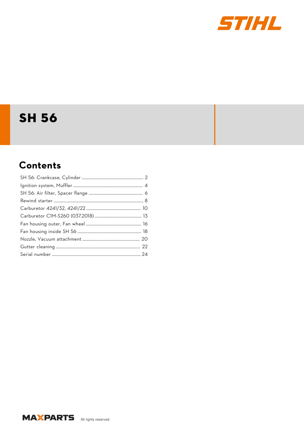 Cover of the STIHL SH 56 illustrated parts catalogue PDF, showing the model name and contents.