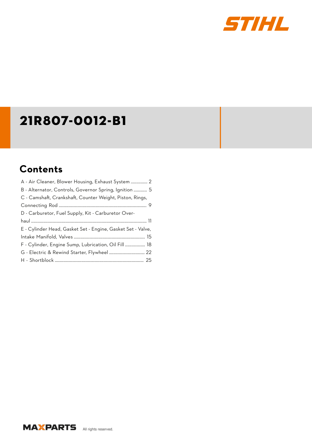 Cover of the Briggs & Stratton 21R807-0012-B1 illustrated parts catalogue PDF, showing the model name and contents.