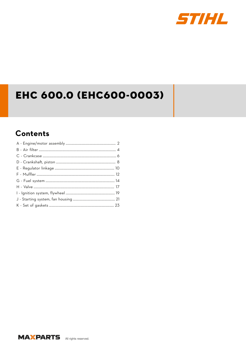 Cover of the STIHL EHC 600.0 (EHC600-0003) illustrated parts catalogue PDF, showing the model name and contents.