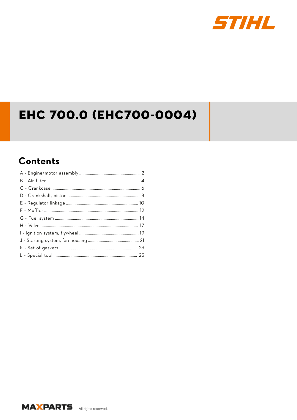 Cover of the STIHL EHC 700.0 (EHC700-0004) illustrated parts catalogue PDF, showing the model name and contents.