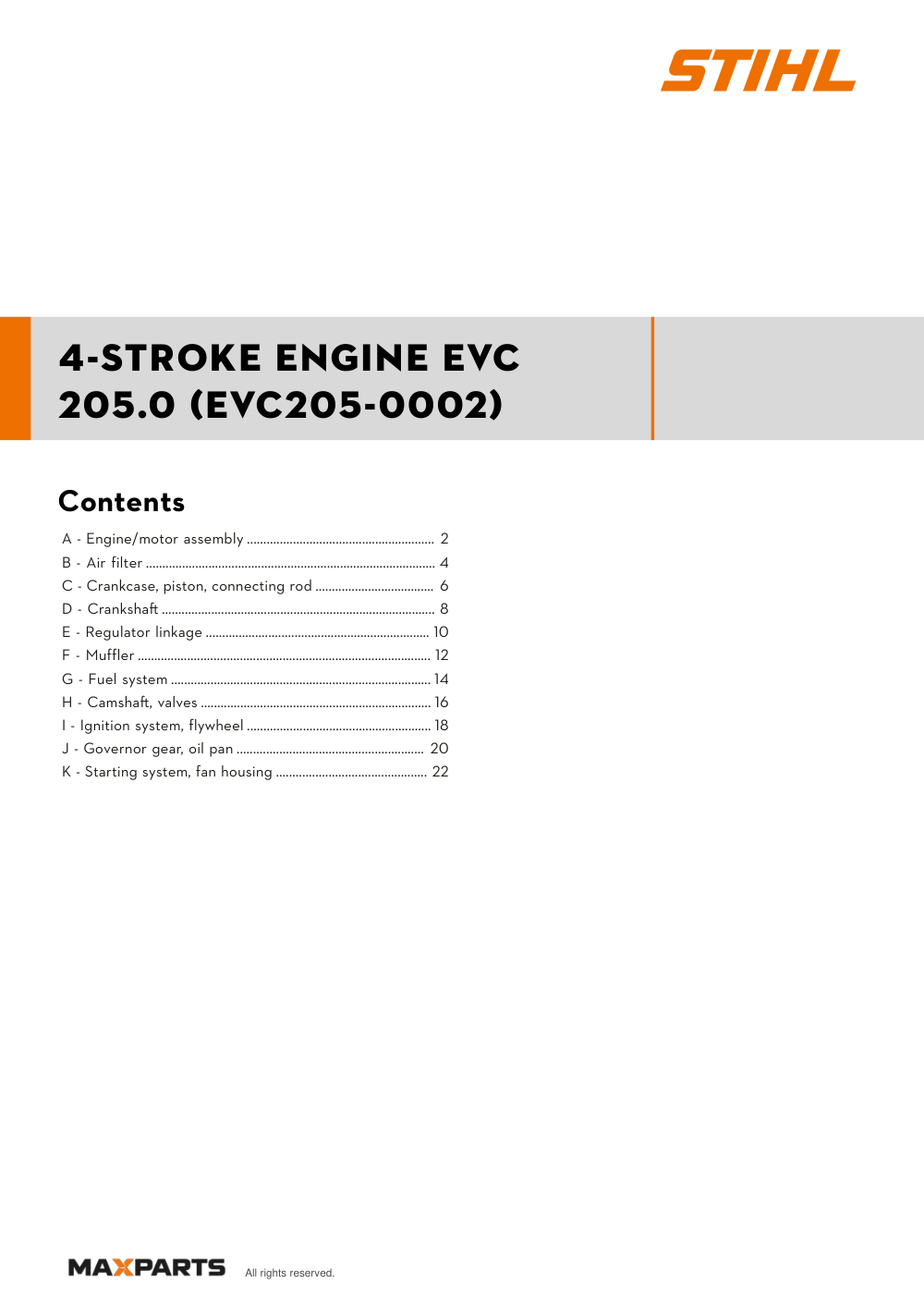 Cover of the STIHL 4-stroke engine EVC 205.0 (EVC205-0002) illustrated parts catalogue PDF, showing the model name and contents.