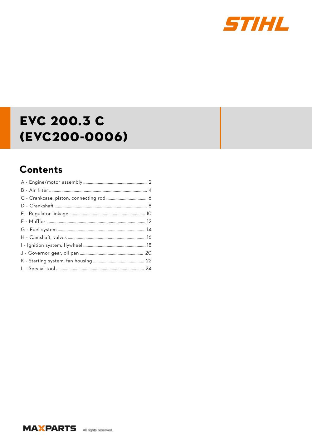 Cover of the STIHL EVC 200.3 C (EVC200-0006) illustrated parts catalogue PDF, showing the model name and contents.