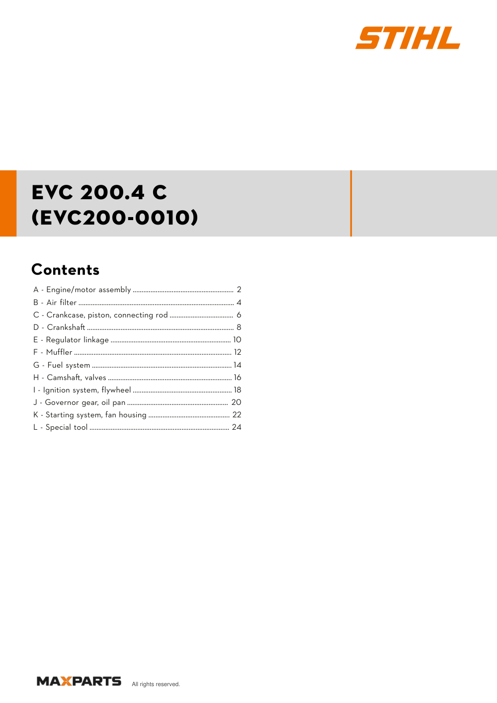Cover of the STIHL EVC 200.4 C (EVC200-0010) illustrated parts catalogue PDF, showing the model name and contents.