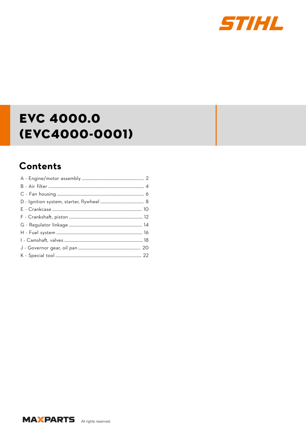 Cover of the STIHL EVC 4000.0 (EVC4000-0001) illustrated parts catalogue PDF, showing the model name and contents.