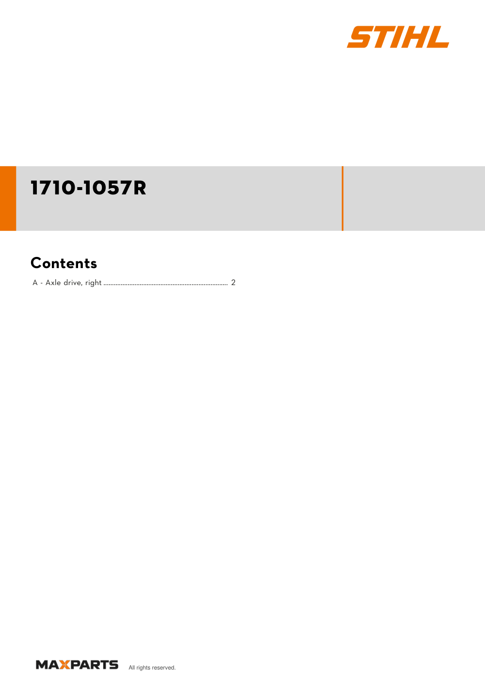 Cover of the STIHL 1710-1057R illustrated parts catalogue PDF, showing the model name and contents.