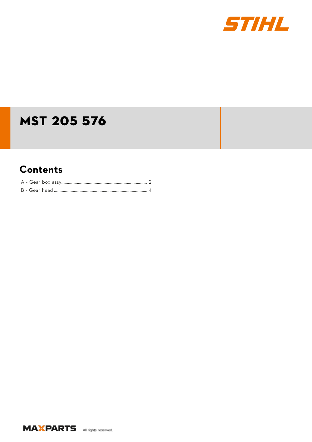 Cover of the STIHL MST 205 576 illustrated parts catalogue PDF, showing the model name and contents.