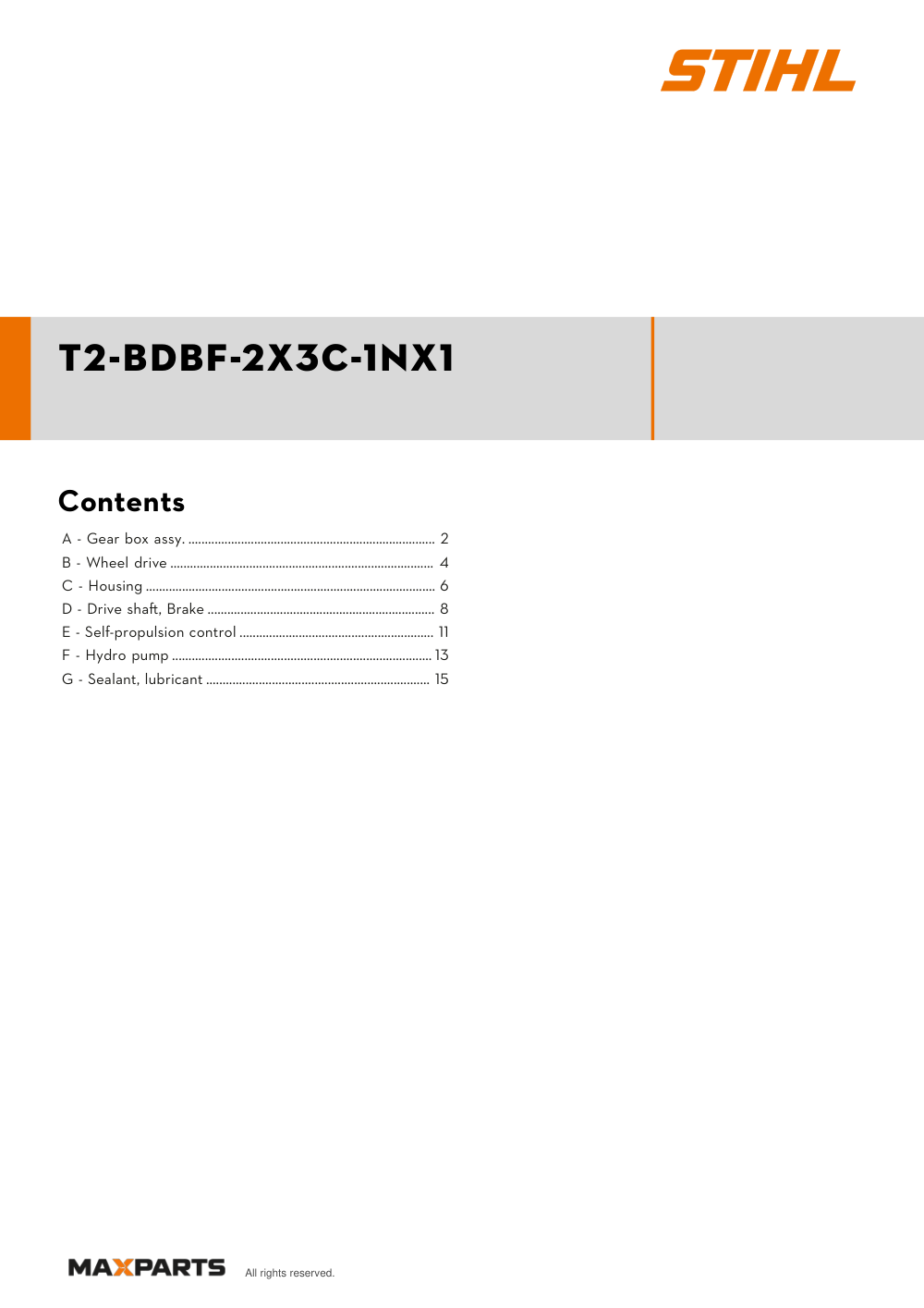Cover of the STIHL T2-BDBF-2X3C-1NX1 illustrated parts catalogue PDF, showing the model name and contents.