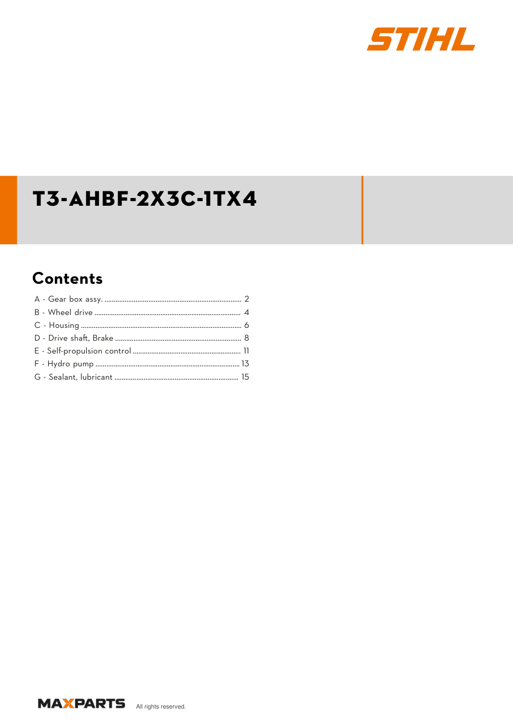 Cover of the STIHL T3-AHBF-2X3C-1TX4 illustrated parts catalogue PDF, showing the model name and contents.