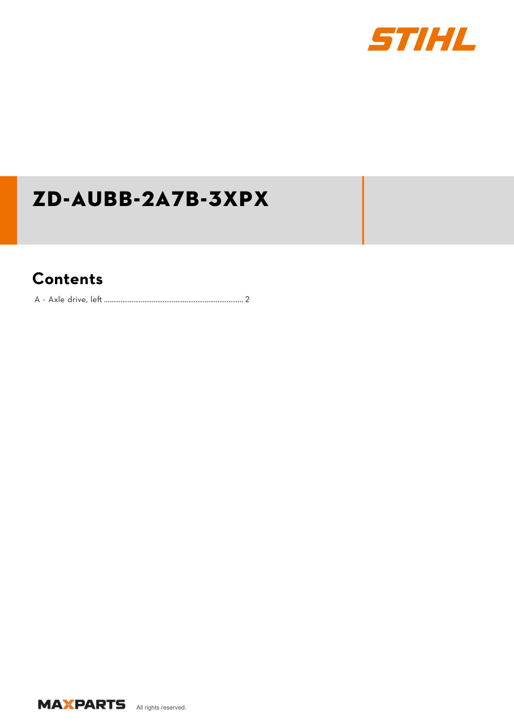 Cover of the STIHL ZD-AUBB-2A7B-3XPX illustrated parts catalogue PDF, showing the model name and contents.