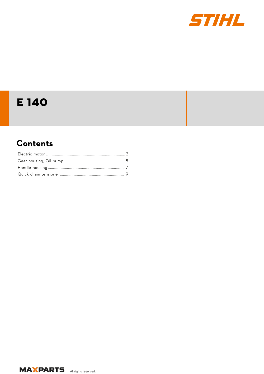 Cover of the STIHL E 140 illustrated parts catalogue PDF, showing the model name and contents.