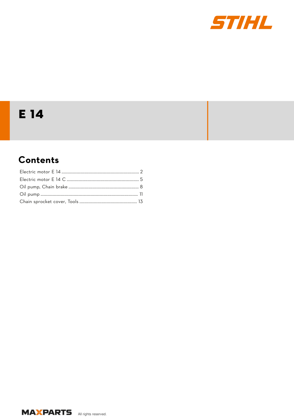 Cover of the STIHL E 14 illustrated parts catalogue PDF, showing the model name and contents.