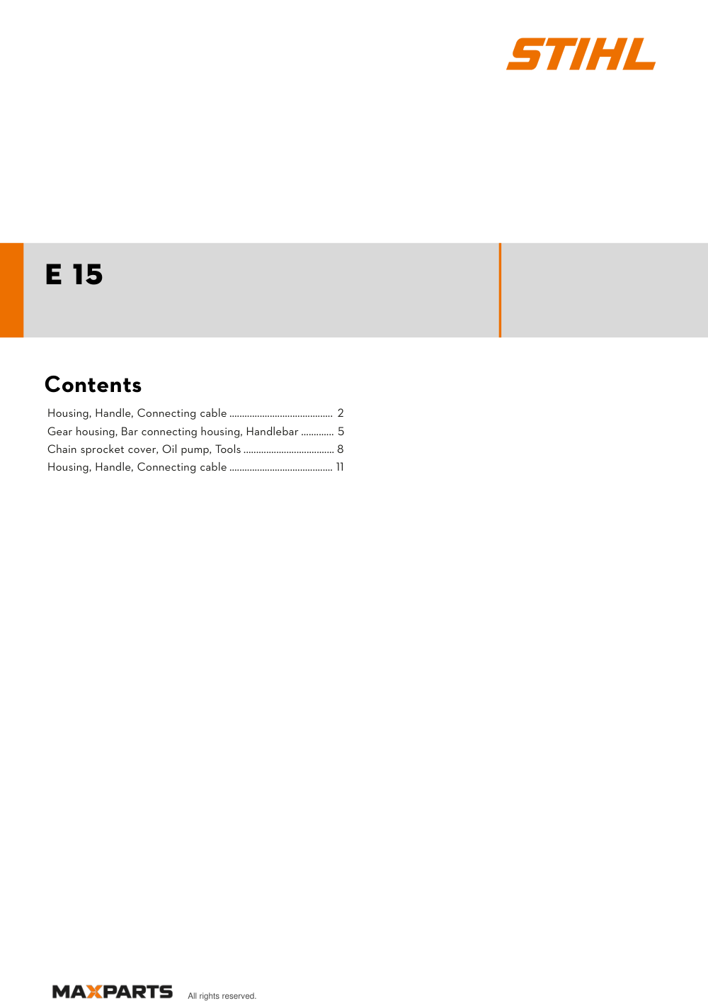 Cover of the STIHL E 15 illustrated parts catalogue PDF, showing the model name and contents.