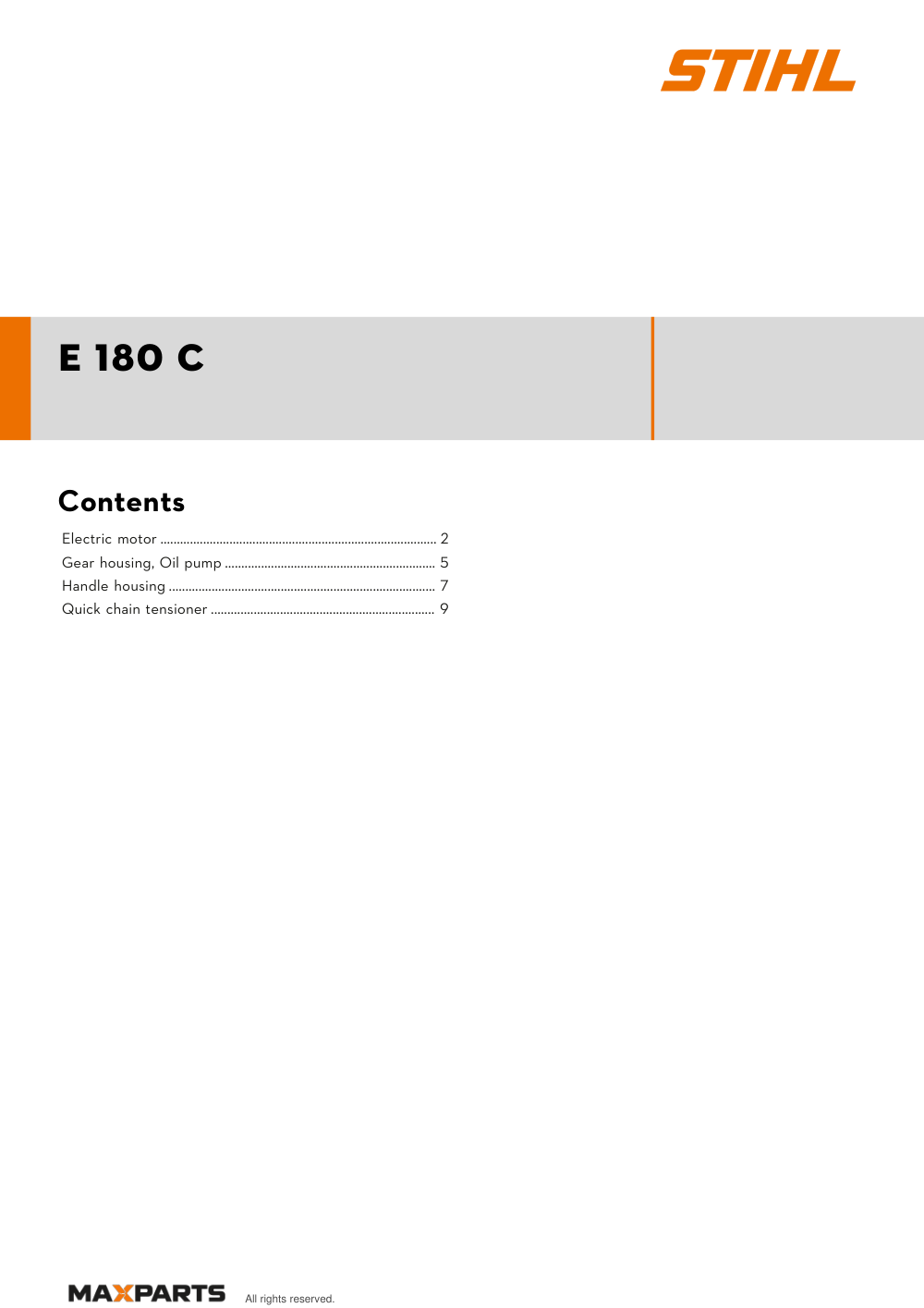 Cover of the STIHL E 180 C illustrated parts catalogue PDF, showing the model name and contents.