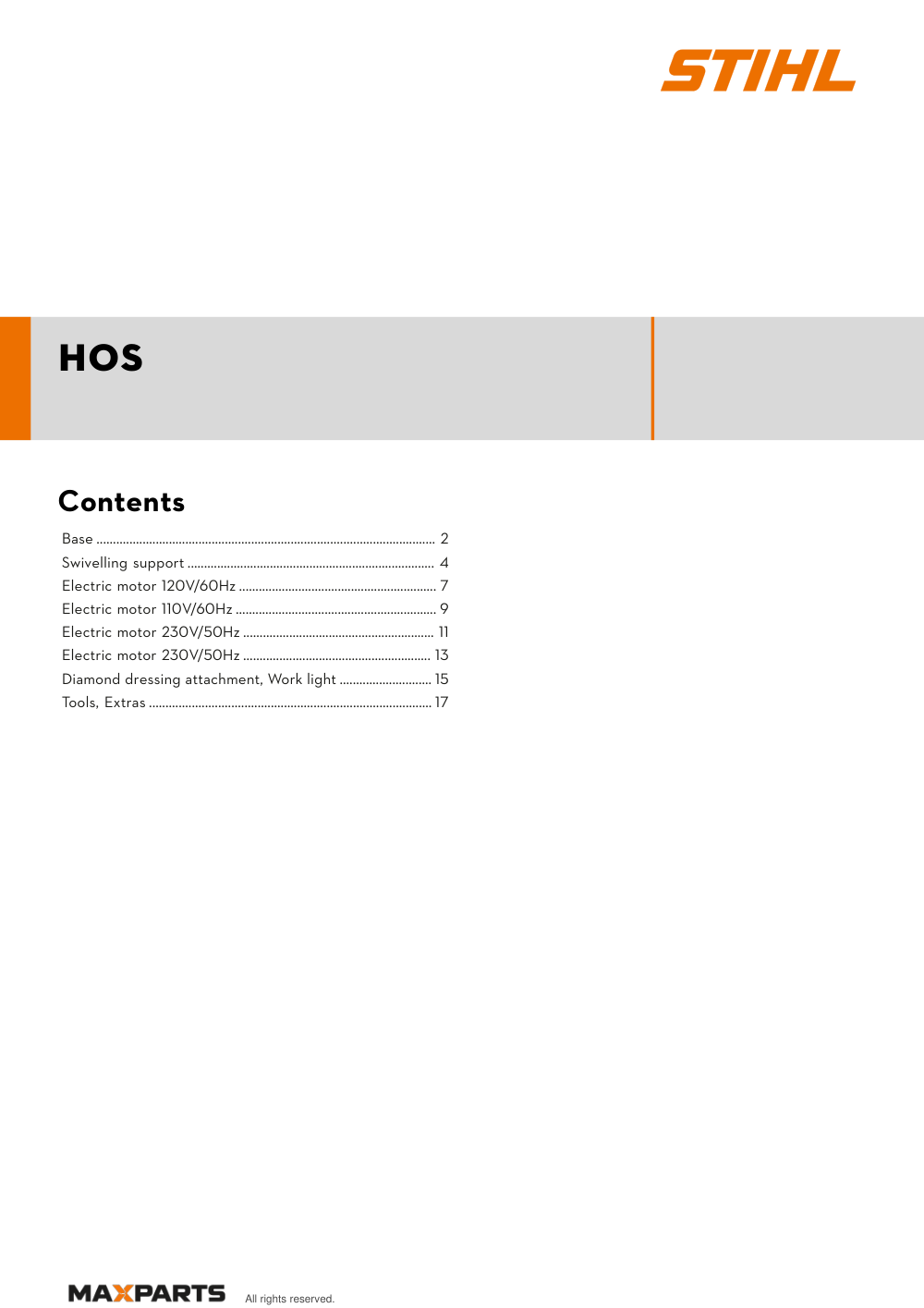 Cover of the STIHL HOS illustrated parts catalogue PDF, showing the model name and contents.