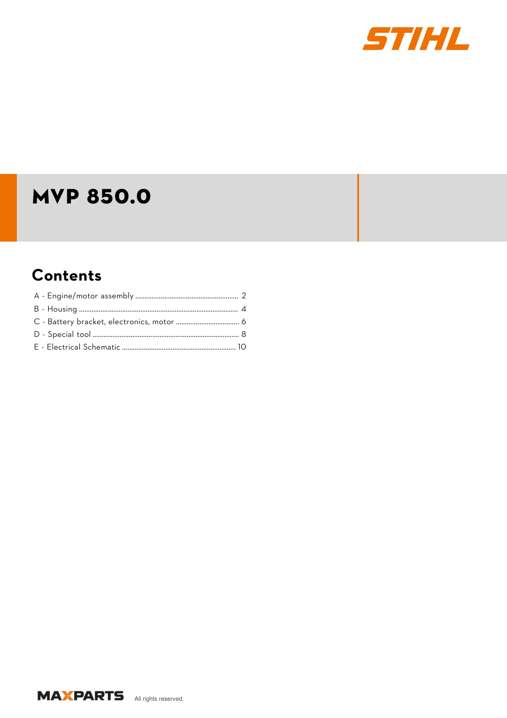 Cover of the STIHL MVP 850.0 illustrated parts catalogue PDF, showing the model name and contents.