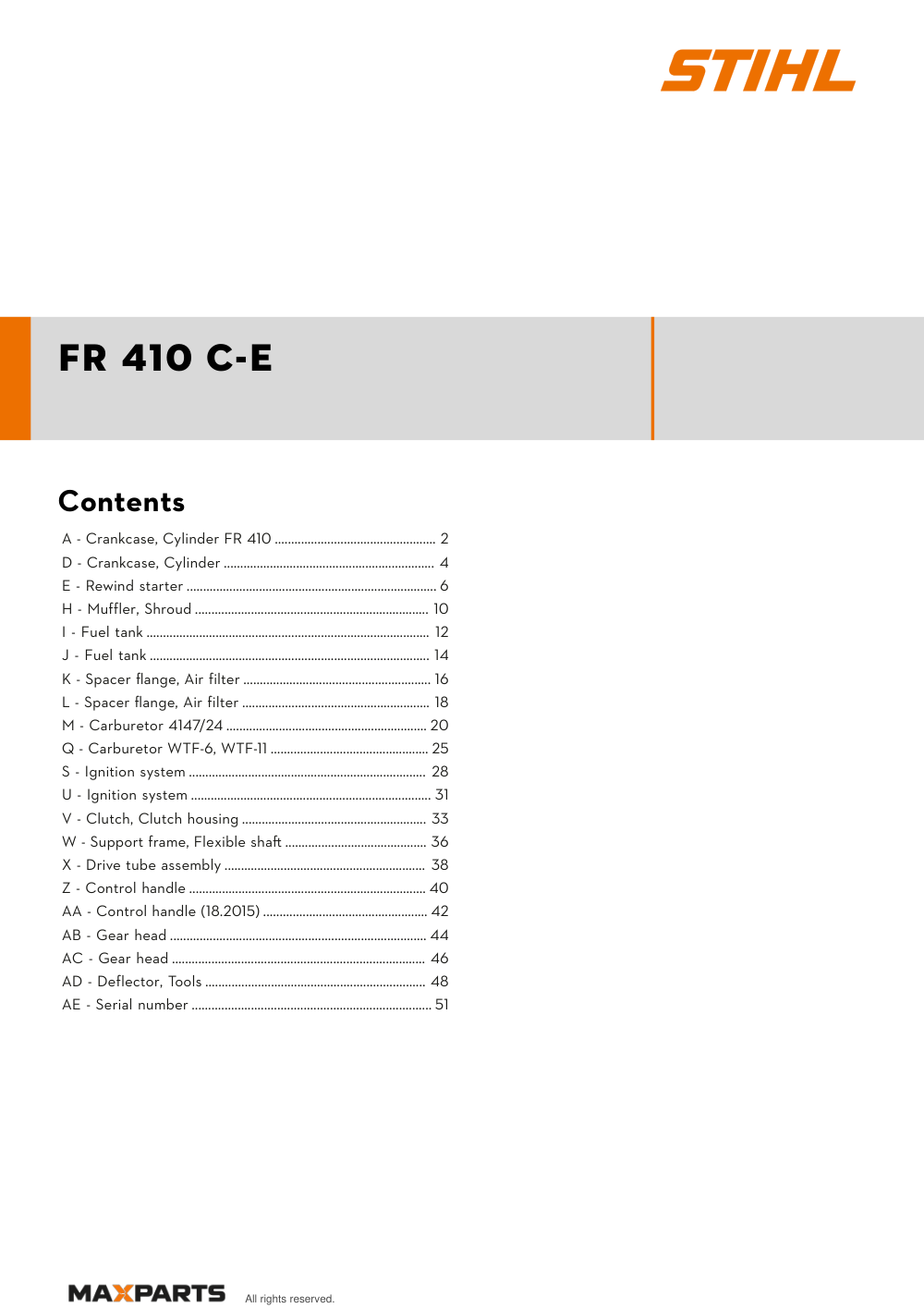Cover of the STIHL FR 410 C-E illustrated parts catalogue PDF, showing the model name and contents.