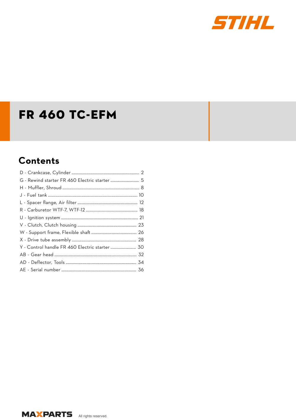 Cover of the STIHL FR 460 TC-EFM illustrated parts catalogue PDF, showing the model name and contents.
