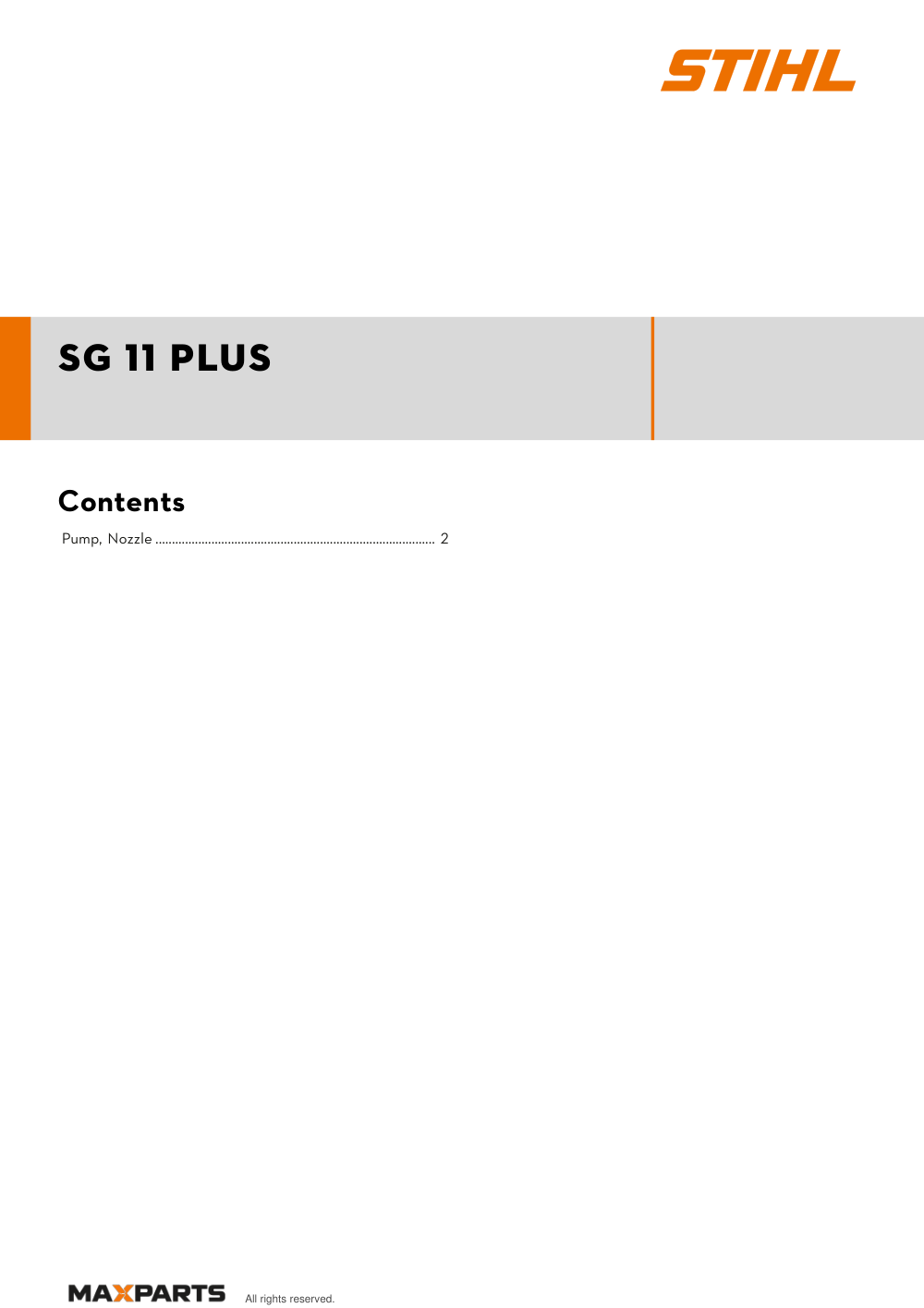 Cover of the STIHL SG 11 PLUS illustrated parts catalogue PDF, showing the model name and contents.