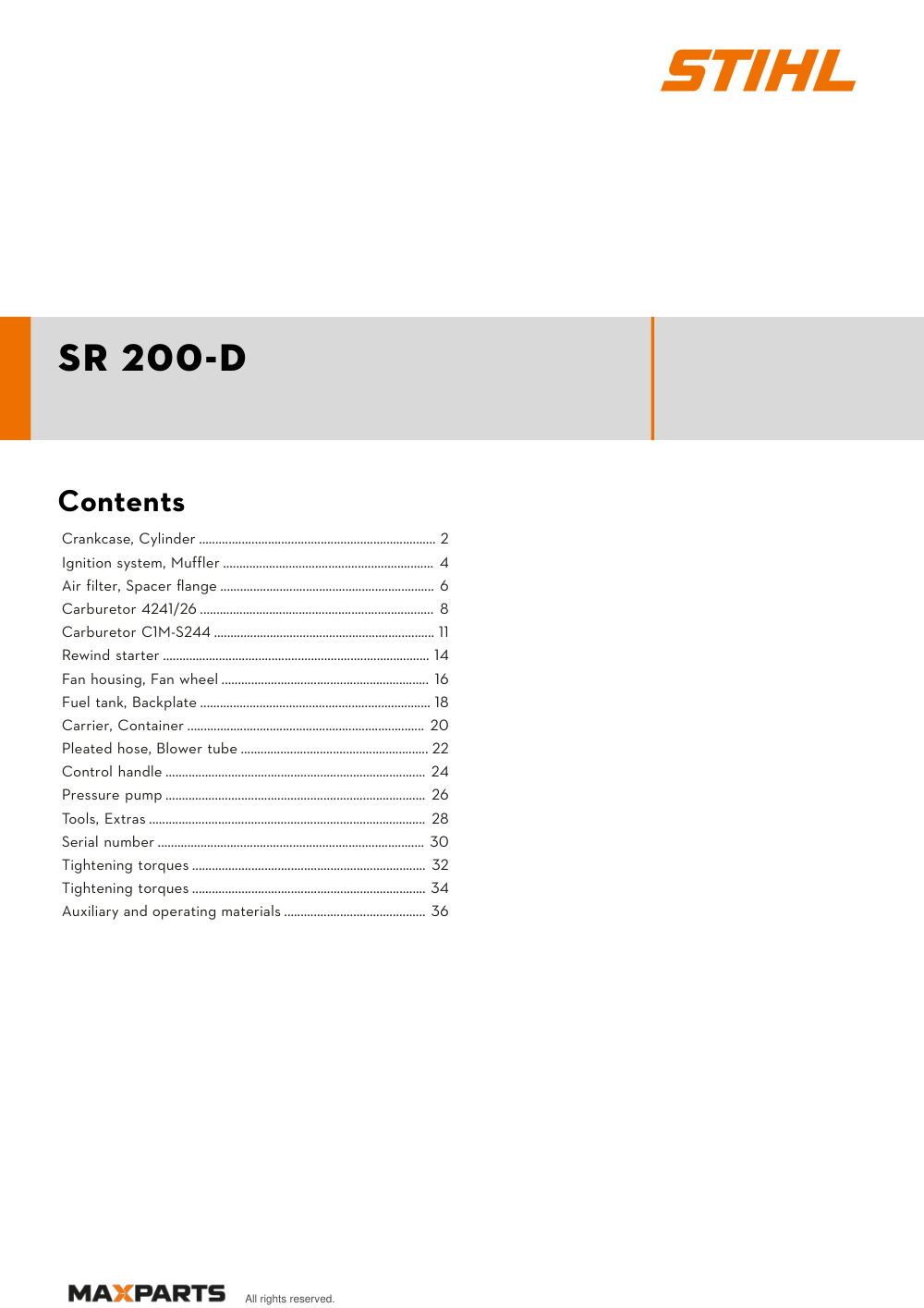 Cover of the STIHL SR 200-D illustrated parts catalogue PDF, showing the model name and contents.