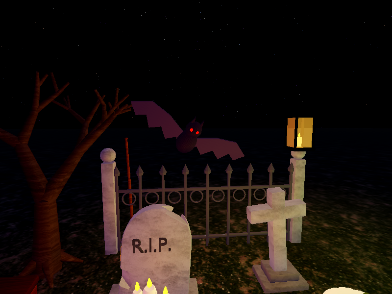 Roblox Halloween props arranged in a spooky graveyard