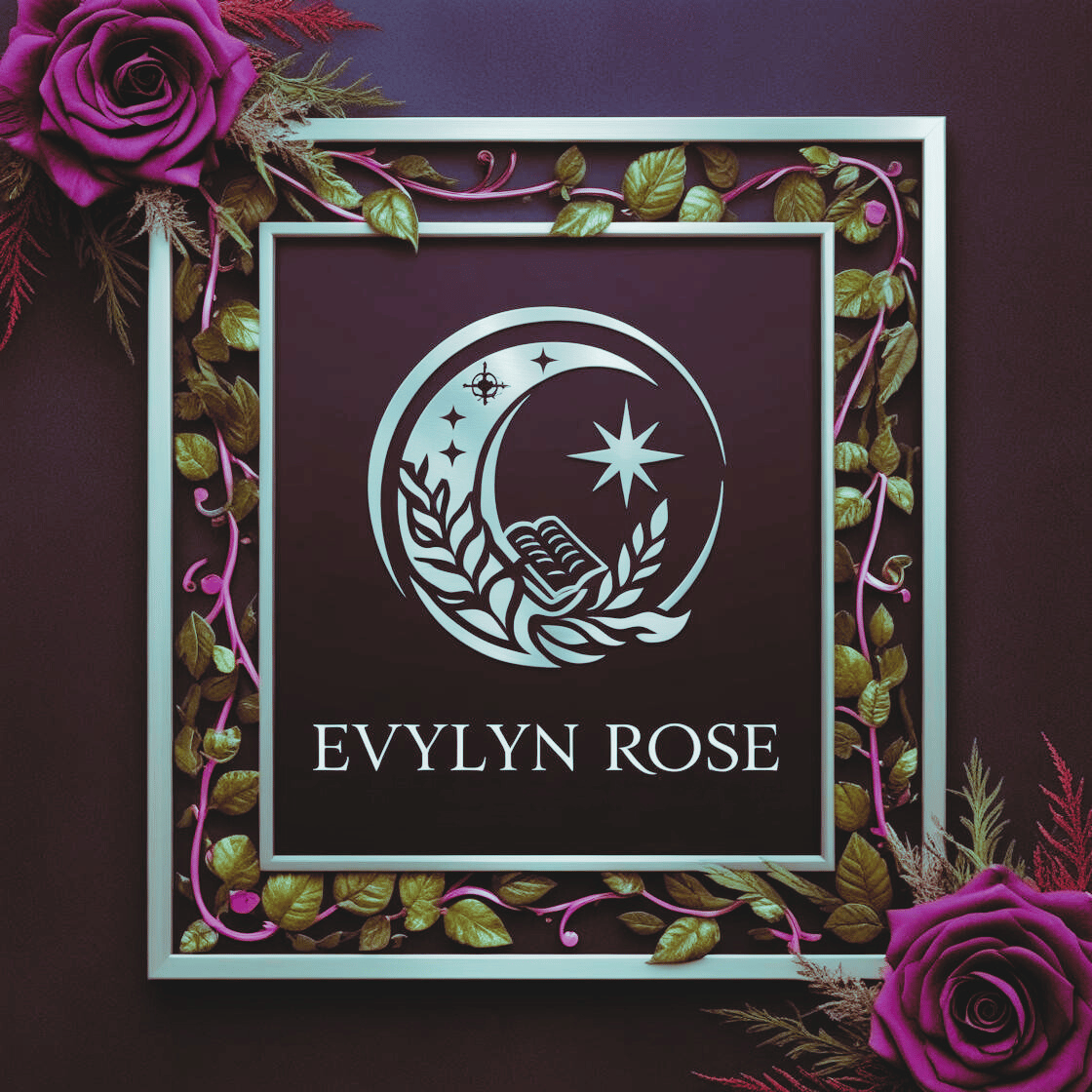 Evylyn Rose LLC brand logo, showing a silver image of a crescent moon with plants and a book and a star shining on both. "Evylyn Rose" in the same silver below. Silver imagery is framed with green and purple vine. Two purple roses with some green and red vegetation accent the frame on the top left and bottom right. Imagery symbolizes connection with nature, celestial guidance, deep spiritual intuition, and continuous learning for expanded knowledge.