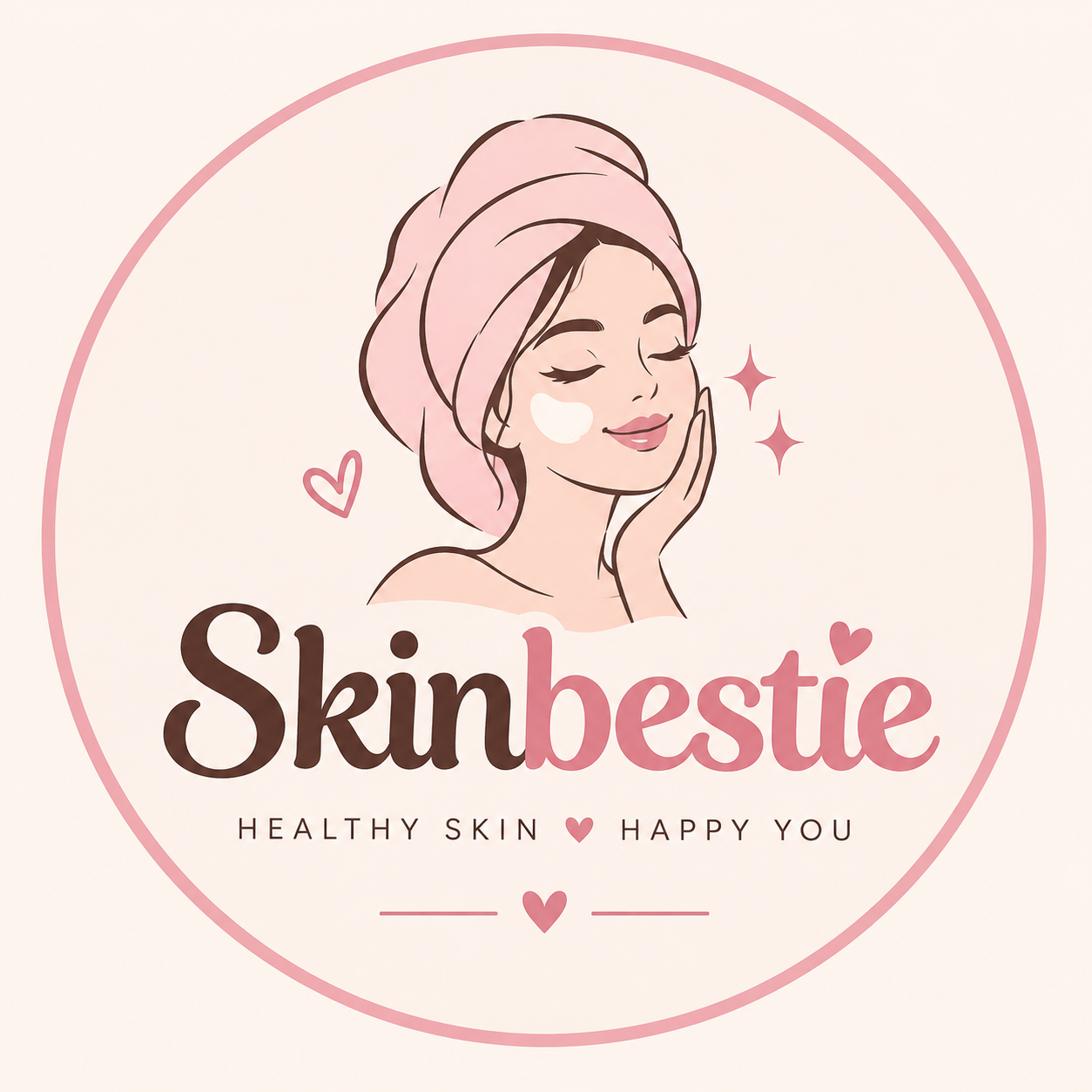 Skinbestie logo, a girl in a towel wrap with pink and brown branding