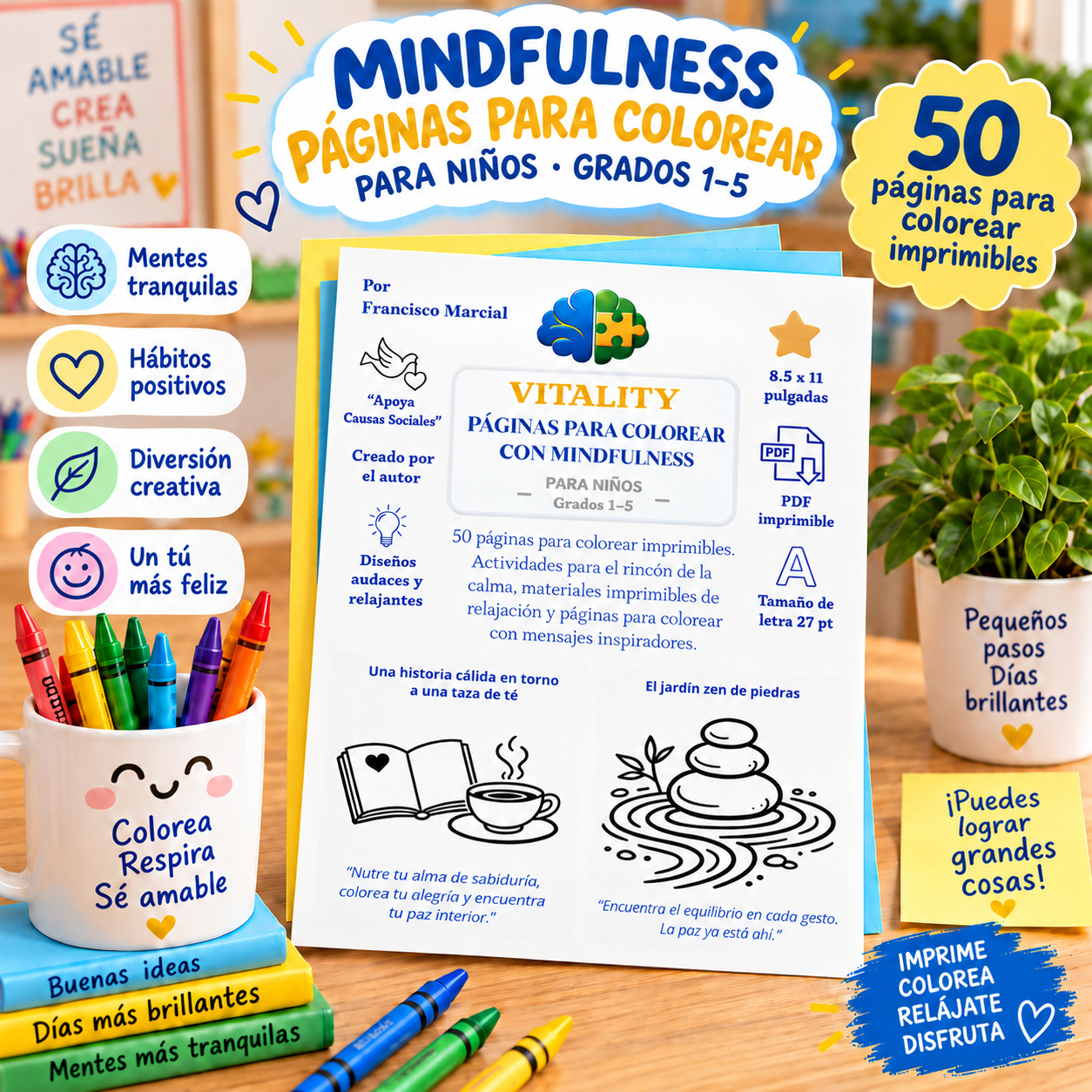 Libro digital Vitality Páginas para Colorear con Mindfulness para Niños, con 50 páginas imprimibles sobre emociones, calma y creatividad.