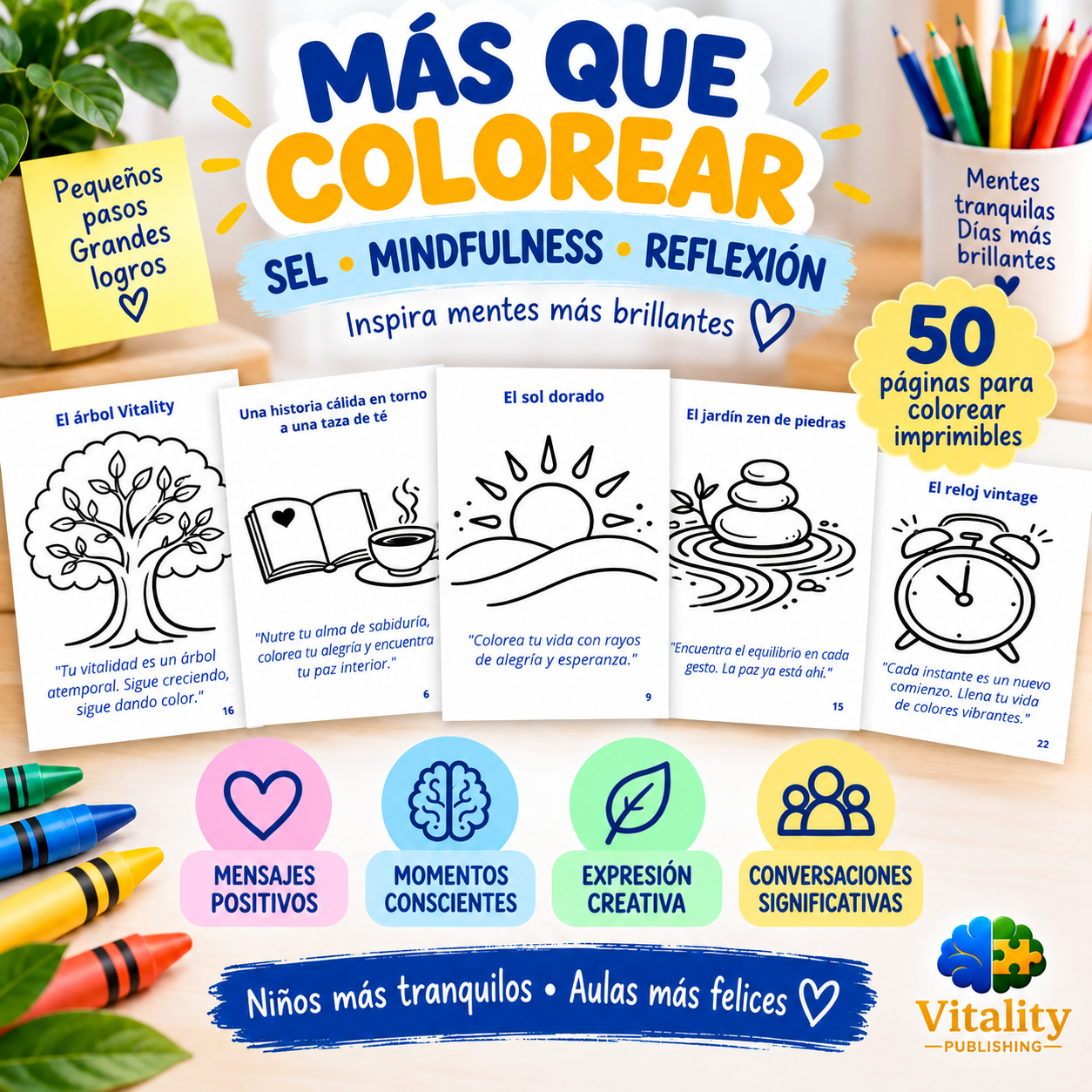 Ejemplos de páginas para colorear con mindfulness para niños, con ilustraciones creativas y mensajes inspiradores para reflexionar.