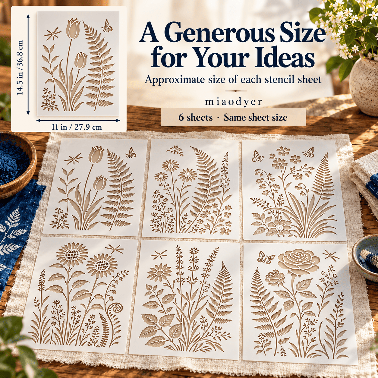 Botanical PET stencil set with each sheet measuring approximately 11 × 14.5 inches, or 27.9 × 36.8 cm.