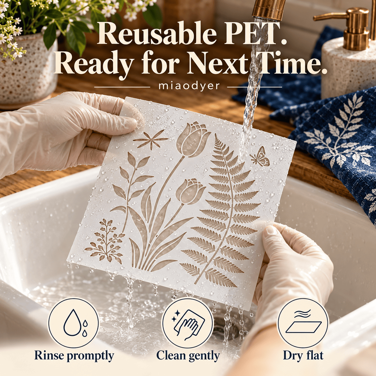 Gloved hands rinsing a botanical PET stencil, with care tips for gentle cleaning and flat drying.