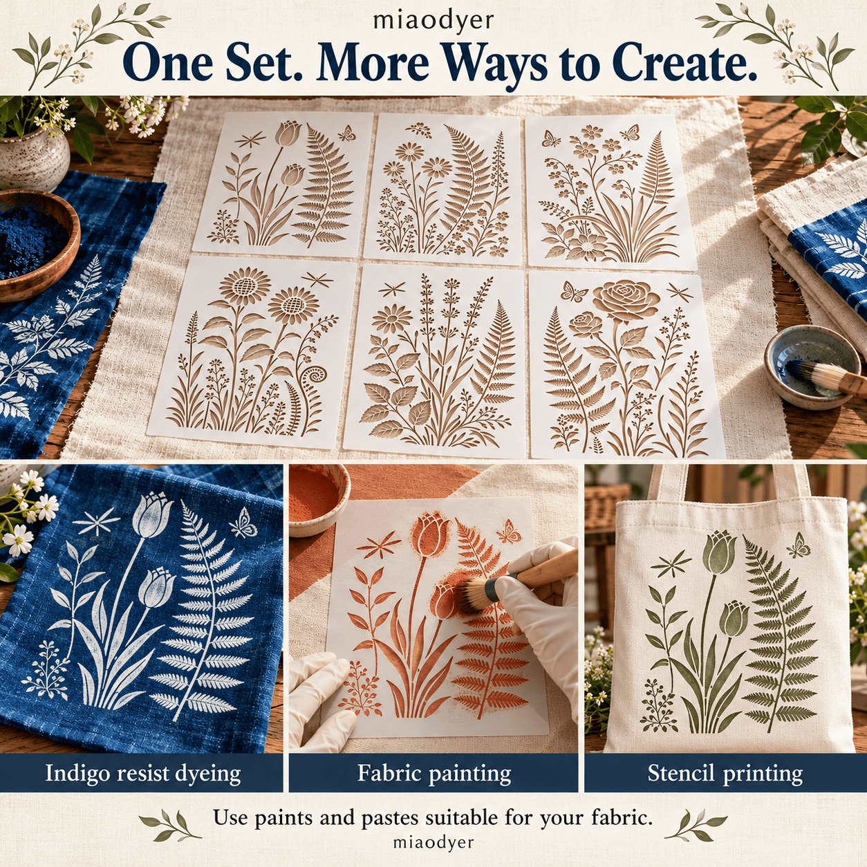 Tulip and fern fabric samples showing resist paste before dyeing and white patterns on indigo after rinsing.