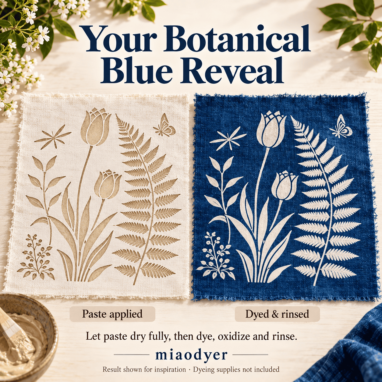 Six botanical stencils with a close-up of gloved hands applying resist paste through a tulip and fern design.