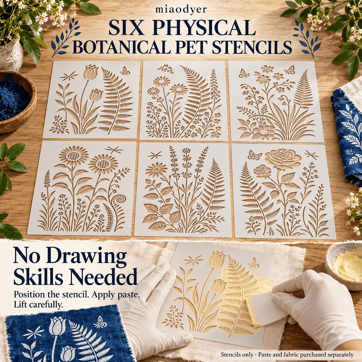 Botanical stencils used for indigo resist dyeing, fabric painting and stencil printing on a tote bag.
